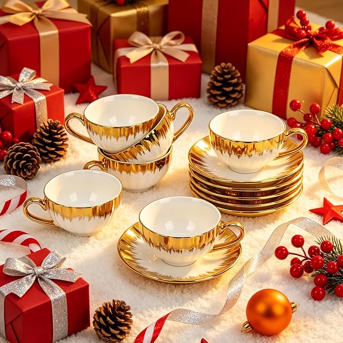 Espresso Cups with Saucers, 3.5 OZ Gold Ceramic Coffee Cup Set of 6, Demitasse Coffee Cup for Double Shot, Latte, Cafe Mocha and Tea, Dishwasher & Microwave Safe (Gold Trim-04)