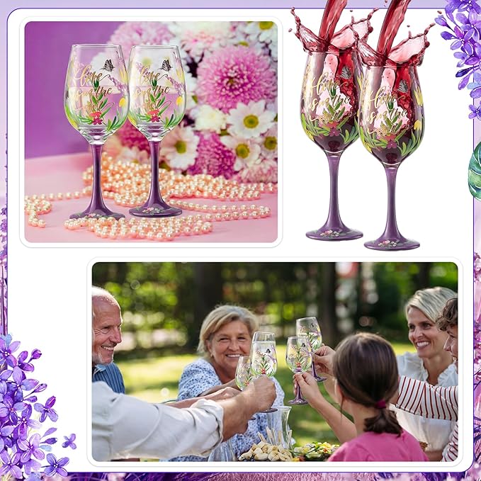 SiliFine 4 Pcs Lavender Party Stemmed Wine Glasses Hand Painted Purple Flower Butterfly Drinking Cup Wine Glasses Gifts for Women Mom Birthday Wedding Anniversary Holiday Party Supplies