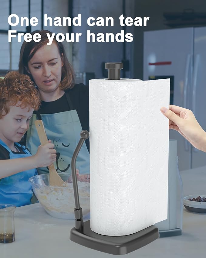 Paper Towel Holder Countertop Black, Paper Towel Dispenser Standing Weighted Base Non-Slip, Spring Arm Fit Most Size Tissue Roll, Stainless Steel Paper Towel for Home Kitchen Tabletop