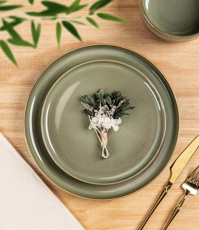 TheTerra Ceramic Dinnerware Sets for 4, 12 Pieces Handmade Reactive Glaze Plates and Bowls Set, Scratch Resistant Dish Set, Oven & Microwave & Dishwasher Safe, Sage Umber | Handmade Reactive Glaze, Scratch Resistant, Oven & Microwave & Dishwasher Safe,...