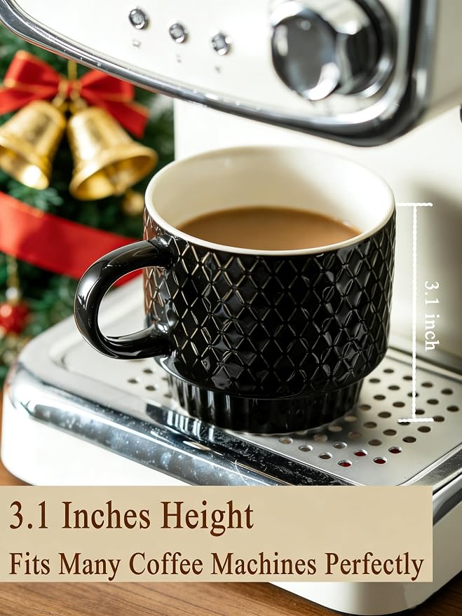 Gomakren Coffee Mugs Set of 4, 13 Ounce Stackable Coffee Mug Set with Stand, Father's Day Stoneware Coffee Cup with Spoon for Coffee, Milk, Tea, Cocoa, Black