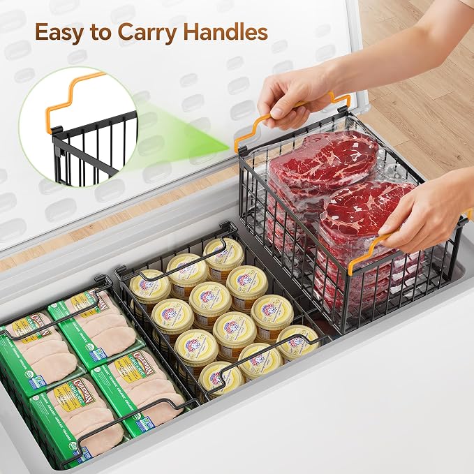 Freezer Organizer Bins, Enlarged Stackable Deep Chest Freezer Organizer Bins, Foldable Baskets with Handles, Storage Container Baskets for 5 to 9 Cu.FT Deep Freezer Sort Frozen Meats (black 3 pack)