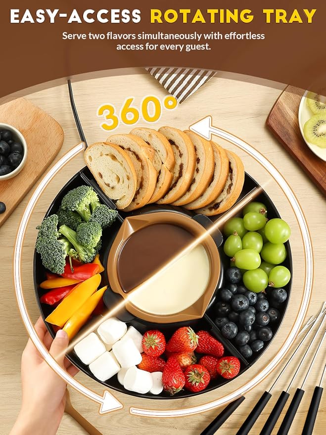 LUSHYUM Electric Chocolate Fondue Set, 4-Cup Chocolate, Rotating Tray | Melt & Warm Modes, Dual Silicone Inserts, 6 Color-Coded Forks, Easy-Clean, Ideal for Candy Melts, Couple Family, Date Night