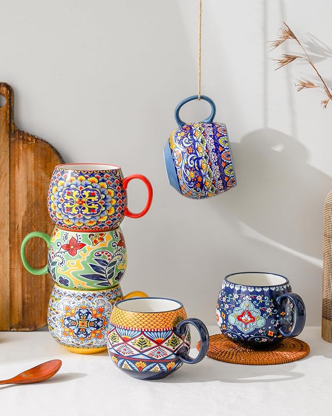 HENXFEN LEAD Boho Ceramic Coffee Mugs Set of 6, 20 oz Large Cups for Tea, Latte, Hot Chocolate & Soup – Microwave & Dishwasher Safe
