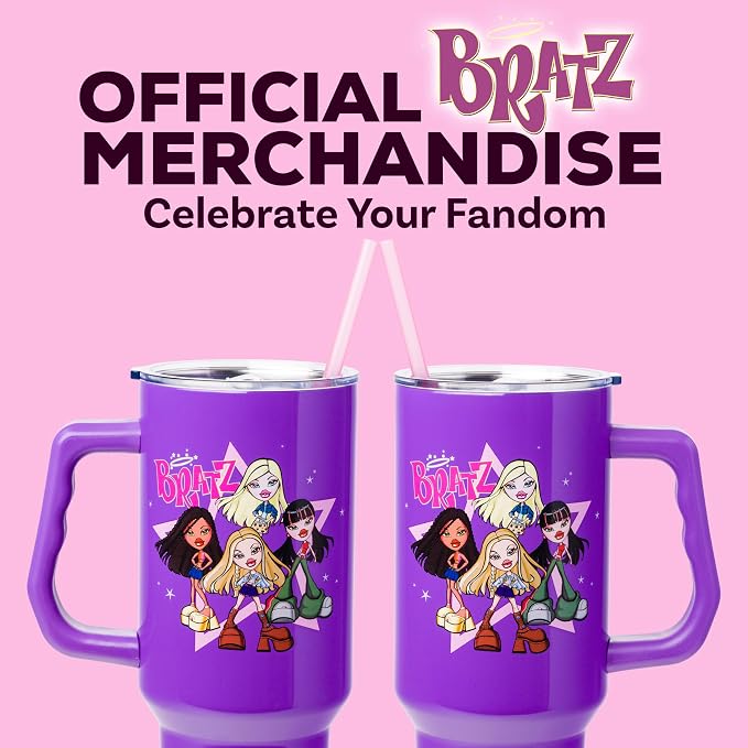 Silver Buffalo Bratz Featuring Cloe, Yasmin, Jade, and Sasha Double Walled Stainless Steel Tumbler with Handle and Straw, Fits in Standard Cup Holder, 40 Ounces