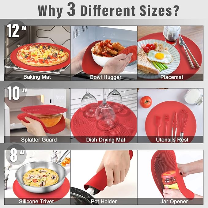KooMall 12 10 8 Inch Multi-use Microwave Mat, Trivet, Pot Holders, Drying, Baking, Place Mat, Utensils Rest, Silicone Cover Pad for Hot Pot Pans Bowls Plates Dishes Kitchen Counter, Heat Resistant,Red