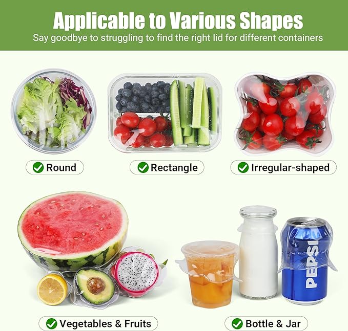 Silicone Stretch Lids for Food Storage in Fridge, Reusable Elastic Bowl Covers for Cup, Cans, Jars, Round & Rectangle Container, Food Grade Silicone Microwave Food Cover, Heat-Resistant, Transparent