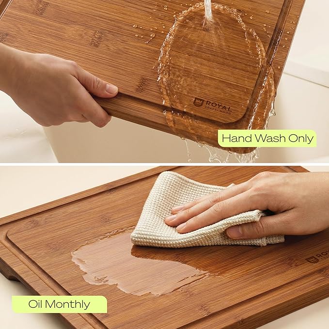 ROYAL CRAFT WOOD Wooden Cutting Boards for Kitchen Meal Prep & Serving - Bamboo Wood Cutting Board Set with Deep Juice Groove Side Handles - Charcuterie & Chopping Butcher Block for Meat (Set of 3)