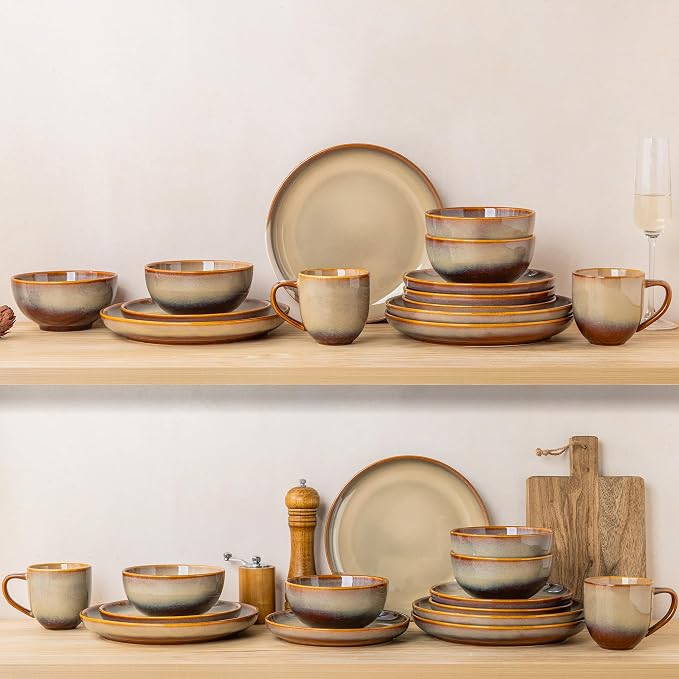 TheTerra Stoneware Dinnerware Sets for 4, 12 Pieces Ceramic Plates and Bowls Sets, Scratch Resistant Dish Set, Oven, Microwave & Dishwasher Safe, Creamy Amber
