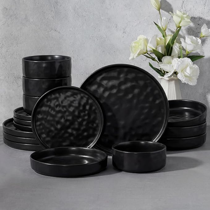 E-far 16-Piece Black Plates and Bowls Sets with Pasta Bowls - Stoneware Dinnerware Set for 4, Modern Ribbed Matte Black Kitchen Dishes, Microwave & Dishwasher Safe