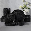 E-far 16-Piece Black Plates and Bowls Sets with Pasta Bowls - Stoneware Dinnerware Set for 4, Modern Ribbed Matte Black Kitchen Dishes, Microwave & Dishwasher Safe