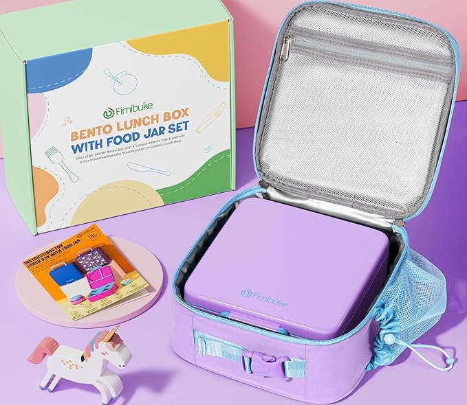 Fimibuke Kids Bento Lunch Box with Thermo, Leakproof Toddler Bento Box with 8.5OZ Insulated Food Jar, Lunch Bag & Utensils BPA Free Dishwasher Safe 3 or 4 Compartment Container for School Girls Boys