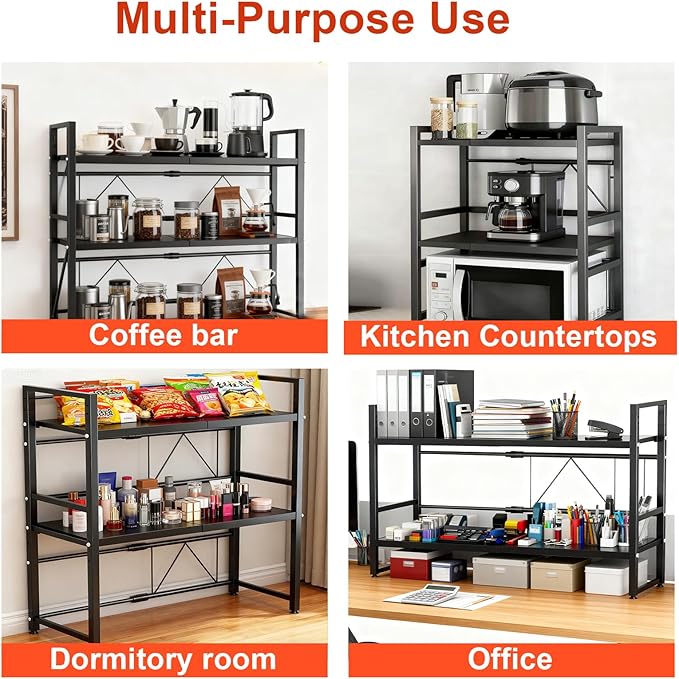 Microwave Oven Rack, Expandable Microwave Stand Countertop Shelf Heavy Duty 3-Tier Shelf with Cutting Board Holder Knife Rack and Chopstick Storage for Kitchen Top Organizer, Holds 55lbs, 6 Hooks
