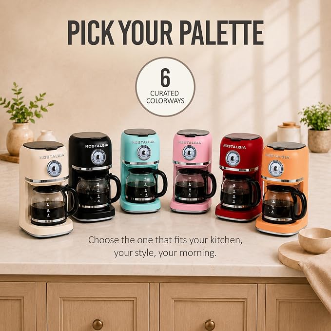 Nostalgia Classic Retro 10 Cup Coffee Maker - One-Touch Drip Brew, Reusable Filter - Anti-Drip, Auto Shutoff, & Time Display - Dishwasher Safe 50 oz Carafe - Pink