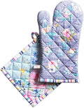 Maison d' Hermine 100% Cotton Oven Mitt & Pot Holder Set (7.5"x13" & 8"x8") Heat Resistant BBQ Cooking Gloves with Loop Kitchen Gifts for Mothers Day Spring/Summer (Sweet Rose Lavender - Lush)
