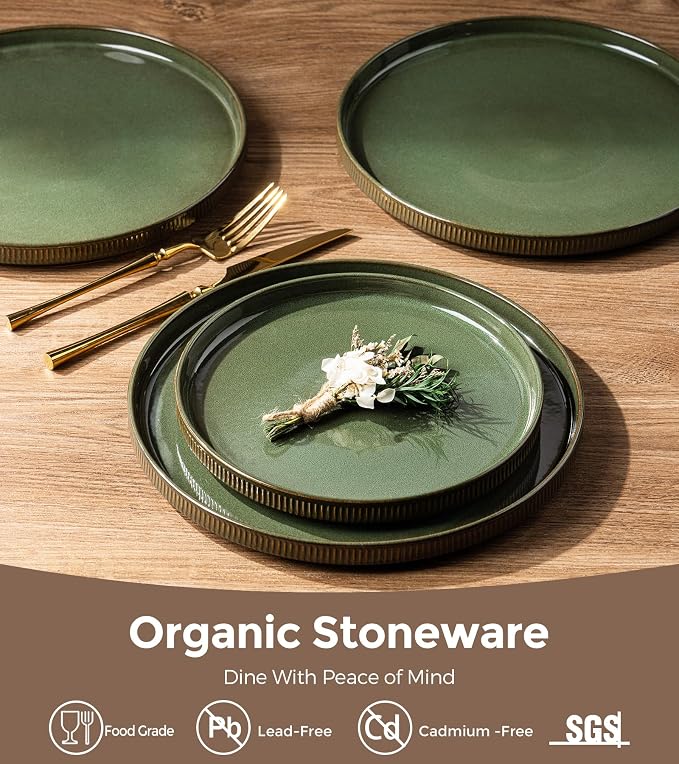 GBHOME Stoneware Dinnerware Sets for 4, 12 Pieces Lightweight Ceramic Ribbed Plates and Bowls Set, Reactive Glaze Stackable Plate Sets, Scratch Resistant Dishes, Microwave & Dishwasher Safe,Sage Green