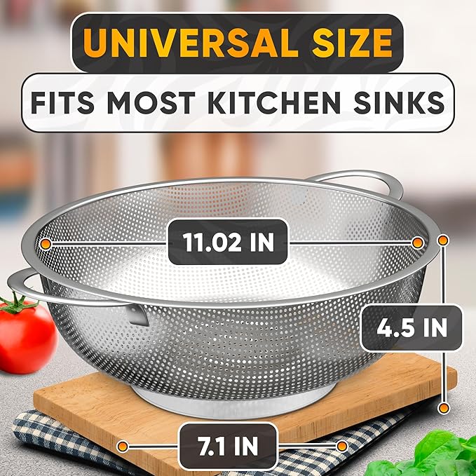 Stainless Steel Strainer Bowl With Handles - 5Qt Rice Washer Strainer Bowl for Grains, Beans, Spaghetti, Veggies, Fruits - Dishwasher Safe & Rust-Resistant Metal Strainers for Kitchen With Fine Holes