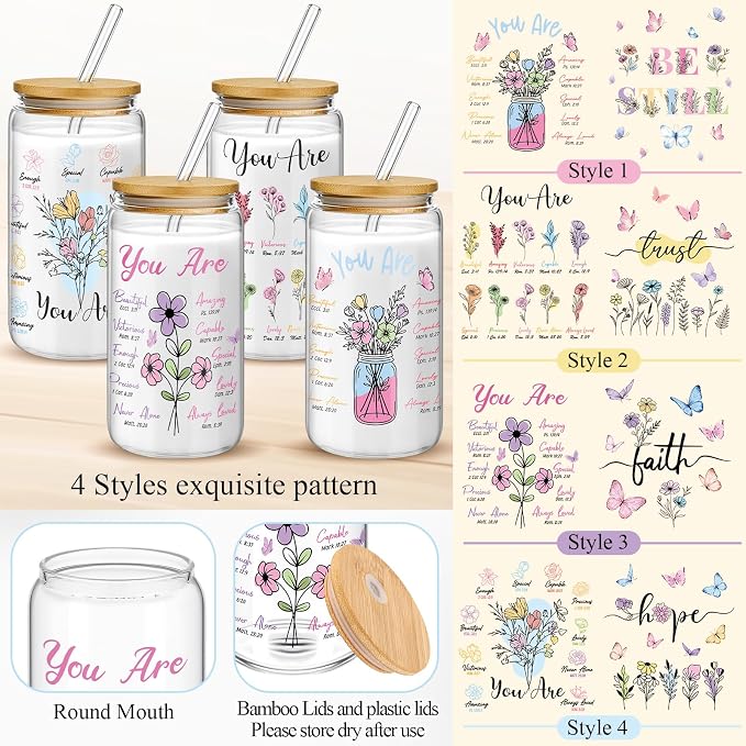 Mumufy 4 Pack Wildflower Glass Cups Gift Aesthetic Cute Glass Cup Tumbler Flower Iced Coffee Mugs 16 oz with Bamboo Lid & Straw, for Wedding Birthday Bridesmaid Mom Baby Shower