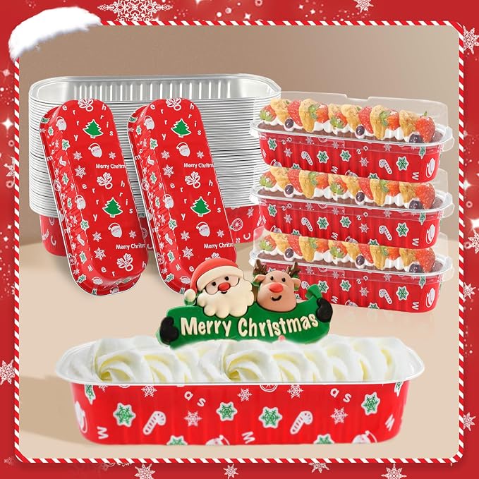 50Pack Christmas Mini Cake Pans Disposable Mini Loaf Pans with Lids and Spoons, 6.8Oz Aluminum Foil Pans Tins, Individual Dessert Cups Containers for Sales,Party,Picnics