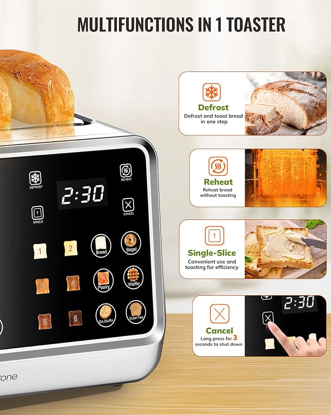 Keenstone Toaster 4 Slice, Digital Smart Toaster with TouchScreen, Dual Control Panel, Single Slot Toasting, Timer, Reheat & Defrost for Bagels, Bread, Waffles, Stainless Steel Kitchen Essentials
