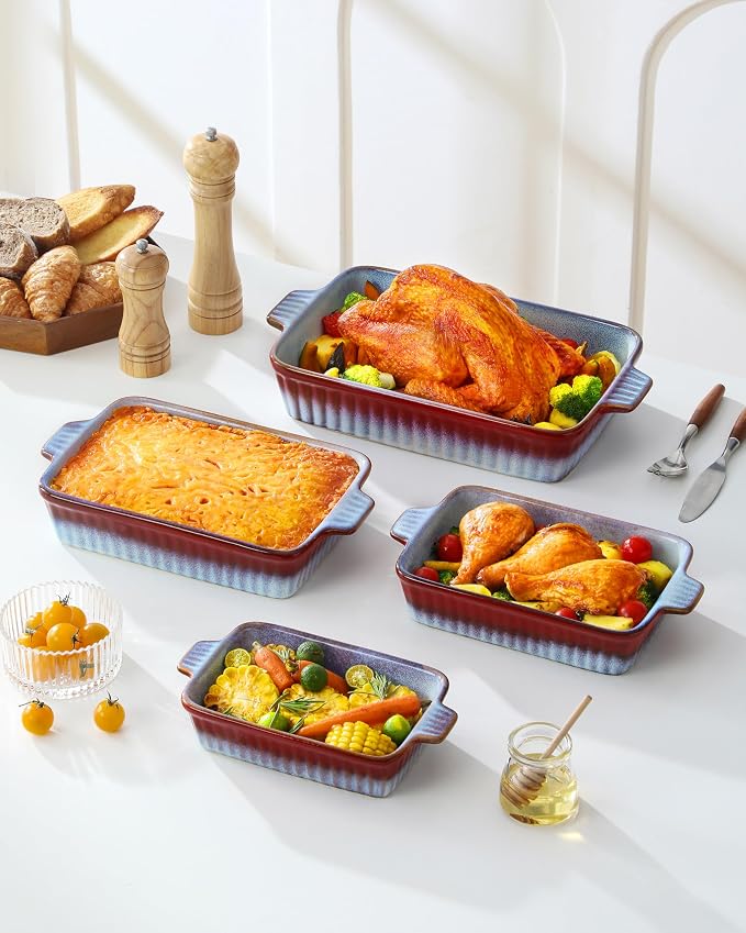 vancasso Ceramic Casserole Dishes for Oven, Reactive Glaze Bakeware Set of 4, Deep Rectangular Baking Dishes with Handles, Lasagna Pan Set, Microwave & Dishwasher Safe, Gradient Red & Blue (9.4"/11.1"/12.2"/14.7")