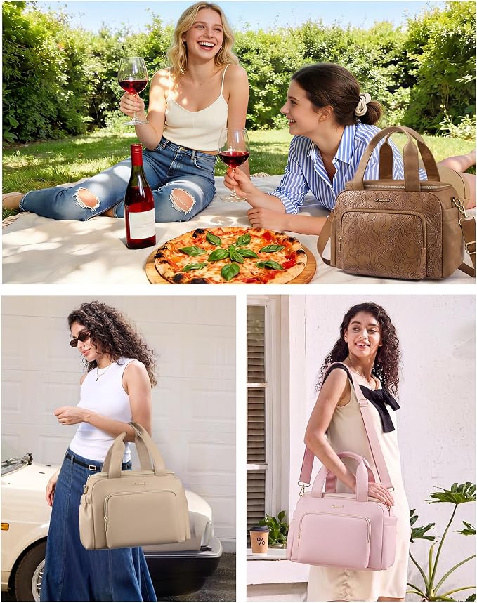 LOVEVOOK Insulated Lunch Bag for Women, PU leather Lunch Box with Shoulder Strap, Wide Opening Adult Large Lunch bags for Work Picnic Beach Family Camping Outdoor Teacher