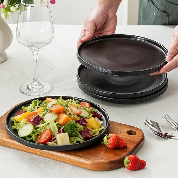 Ceramic Salad & Dessert Plates Set, 8 Inch, Set of 4, Modern Black | Stoneware, Dishwasher & Microwave Safe, Small Dinner Plates, For Cake, Fruits, Waffle, Pasta, Salad