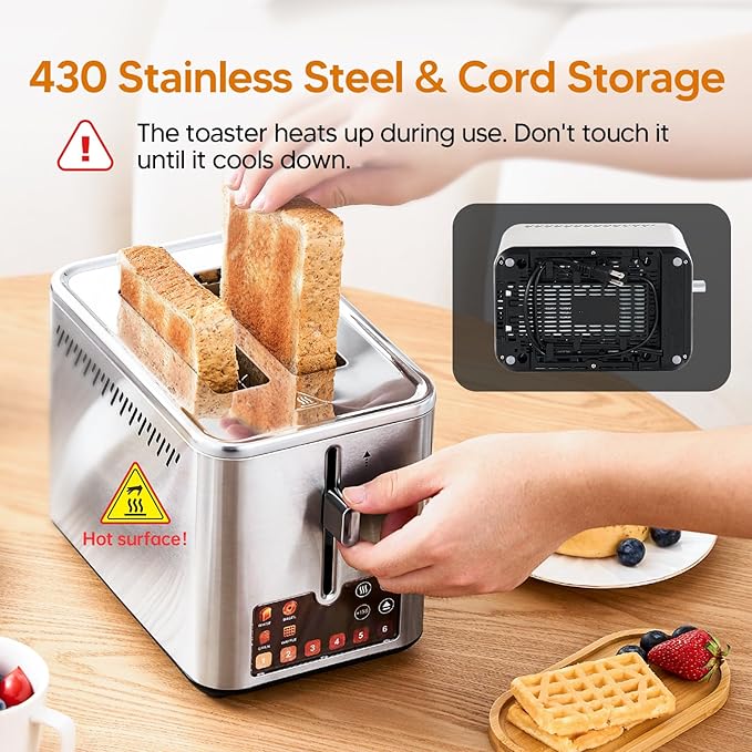 Trisiko® Touch Screen Toaster 2 Slice, Stainless Steel Smart Toaster with Digital Timer, 1.38" Extra-Wide Slots for Bread& Bagel, Great for Home, Office,Dorm