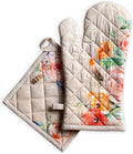 Maison d' Hermine 100% Cotton Oven Mitt & Pot Holder Set (7.5"x13" & 8"x8") Heat Resistant BBQ Cooking Gloves with Loop Baking Grilling Kitchen Gifts for Mothers Day Spring/Summer (Ibiza - Beige)