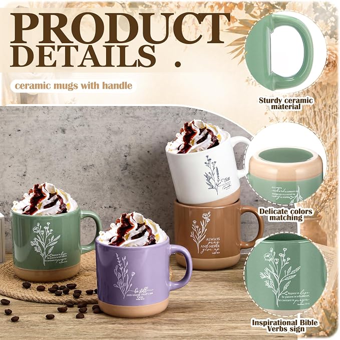 LemonRoad 12 Pcs Christian Gift for Women Inspirational Large Handle Bag Ceramic Coffee Mug Religious Scented Candle Boho Flower Bible Design Religious Gift for Sister in Christ Friend