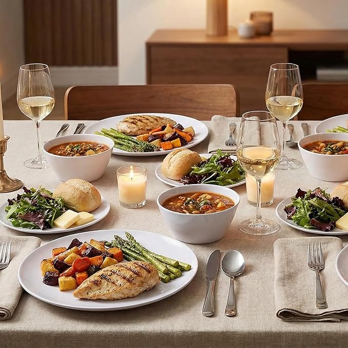 Melamine Dinnerware Set - 12pcs Plates and Bowls for 4,Durable Melamine Dishes Set for Everyday Use, Lightweight & Dishwasher Safe,White