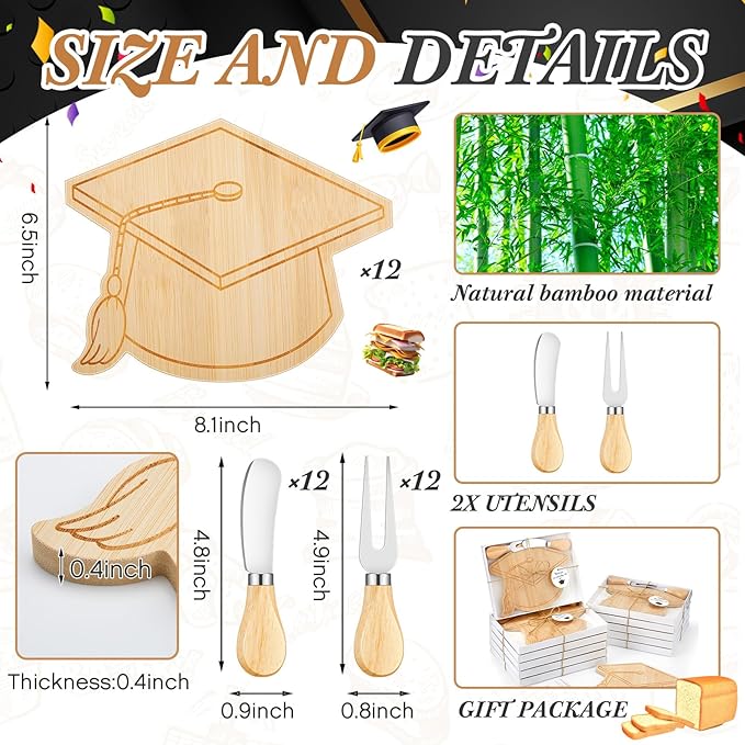 Ziliny 12 Sets Graduation Party Favors Graduation Cap Cheese Board Set with Knives Forks Gift Box for 2026 Class School Party