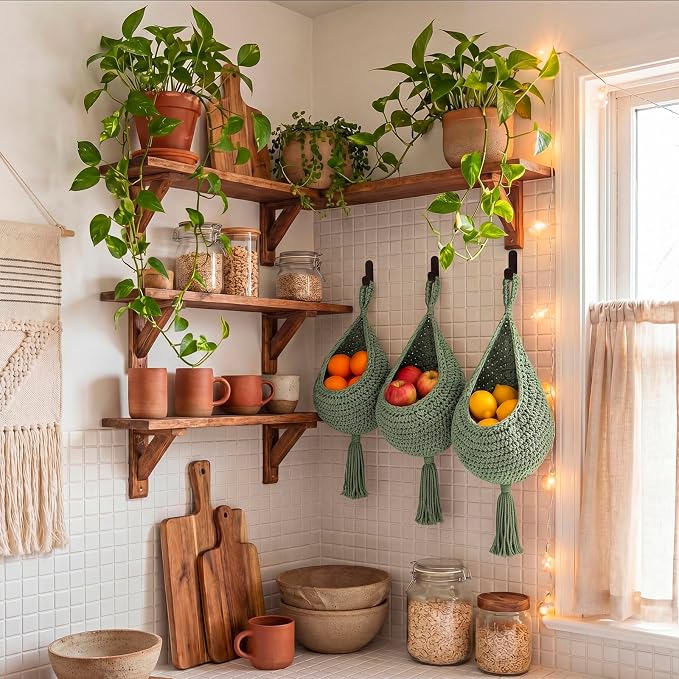 Honeydak Boho Decor Hanging Wall Baskets for Kitchen 3 Pack Teardrop Baskets with Hooks Storage Fruit Onion Vegetable Potato for Home 3 Sizes (Sage Green,Tassel,Cotton Rope)