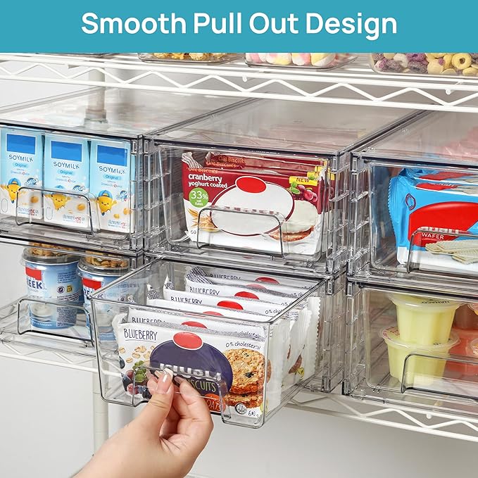 Vtopmart 10 Pack Stackable Storage Drawers,Clear Acrylic Drawer Organizers with Handles, Easily Assemble Containers for Fridge, Bathroom,Kitchen Undersink,Cabinet,Pantry Organization and Storage