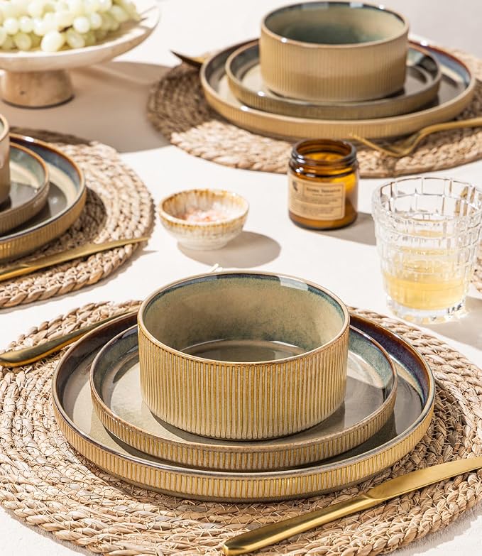 GBHOME Stoneware Dinnerware Sets for 4, 12 Pieces Lightweight Ceramic Ribbed Plates and Bowls Set, Reactive Glaze Stackable Plate Sets, Scratch Resistant Dishes, Microwave & Dishwasher Safe,Pale Khaki