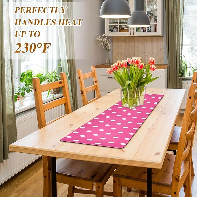 2 in 1 Table Runner Trivet for Hot Pots and Pans Heat Resistant Non Slip Waterproof 39 x 12 Inch Decorative Table Protector for Kitchen Countertop Bright Pink Polka Dots