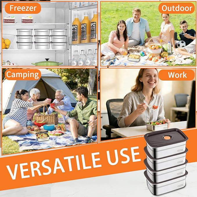 10PCS 50oz Stainless Steel Food Storage Containers with Airtight Lids, 1500ml Reusable Metal Meal Prep Container for Picnic Travel, Stackable Kitchen Lunch Snack Box, Freezer & Dishwasher Safe