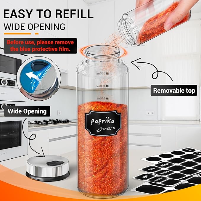 Segarty Glass Spice Jars, 6 Pack 15oz Large Spice Jar with Labels, Clear Empty Spice Containers with Shaker Lids, Salt Pepper Shakers Set Seasoning Bottles with 136 Stickers, 1 Chalk Pen and Brush