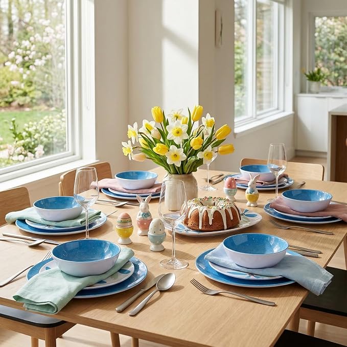 Melamine Dinnerware Set 12 Pieces Outdoor, Spring Party Blue | Flowers Pattern, Unbreakable Plates & Bowls, Dishwasher Safe, Lightweight, For Picnic Pool Party Camping