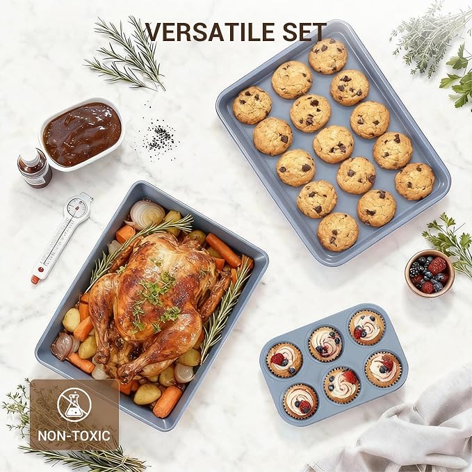 Ammeloo 21pcs Ceramic Pots and Pans Set Non Stick with Detachable Handles and Egg Frying Pan & 22-Piece Baking Pans Set Stackable Bakeware