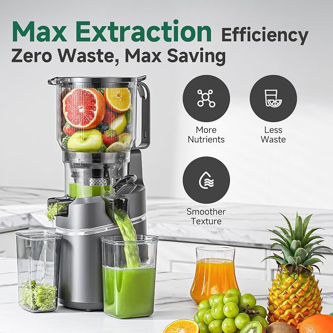 AMZCHEF Cold Press Juicer – 6.5" Wide Mouth Hopper for Whole Recipe Loading, Self Feeding for Hands-Free Operation, Zero Waste Masticating Juicer For More Juice, Less Pulp – Triple Strainers