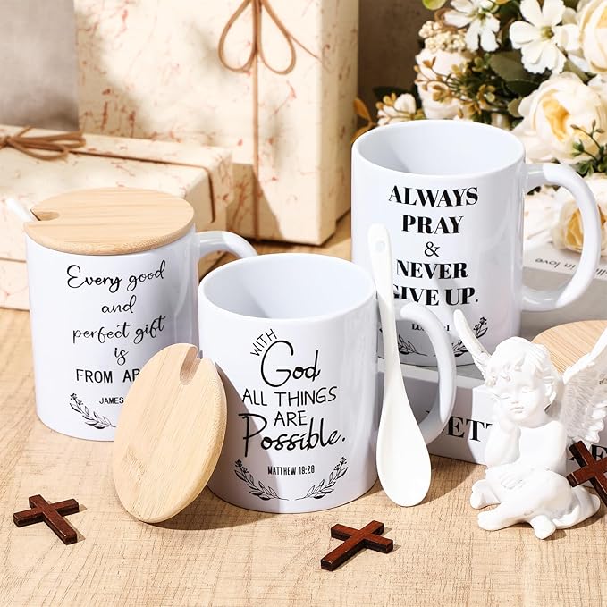 Didaey 12 Sets Christian Gifts Bulk Religious Coffee Mugs 12oz Bible Verses White Ceramic Cup with Lid Handle Spoon Inspirational Mug Church Gift for Men Coworker Employee Staff(Christian)