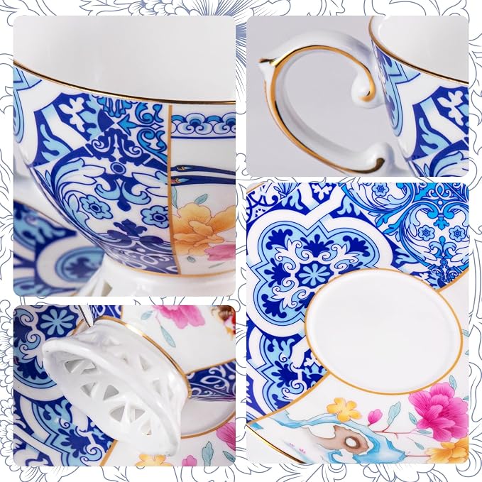 KAMMAK Tea Cups and Saucers Set of 2, Fine Bone China Coffee Cups, Stackable Espresso Mugs, Ceramic Demitasse for Coffee, Cappuccino, Latte, Americano, Tea, Blueprint of Prosperity
