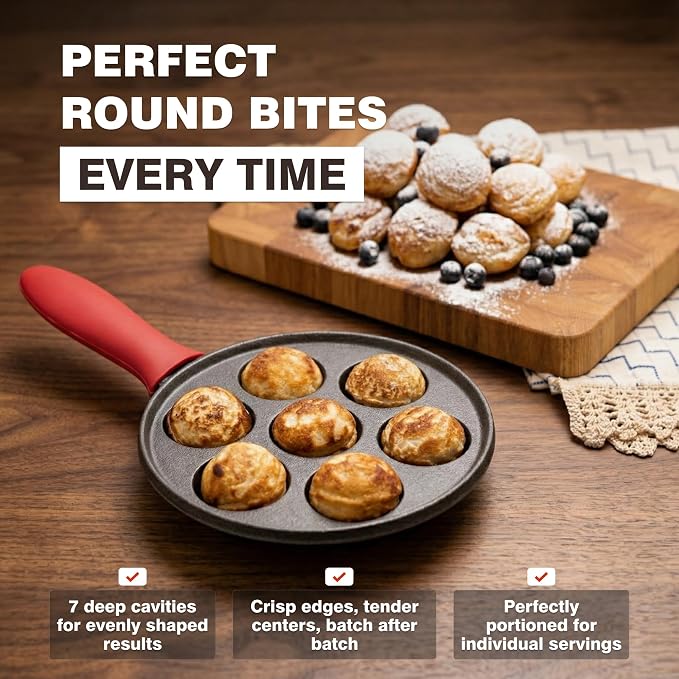 KUHA Cast Iron Aebleskiver Pan | Pre-Seasoned Pan for Authentic Danish Pancake Making, Poffertjes, Takoyaki, Appam & Paniyaram | Silicone Handle, Oven Mitt & Bamboo Skewers Included | 7.9" Diameter
