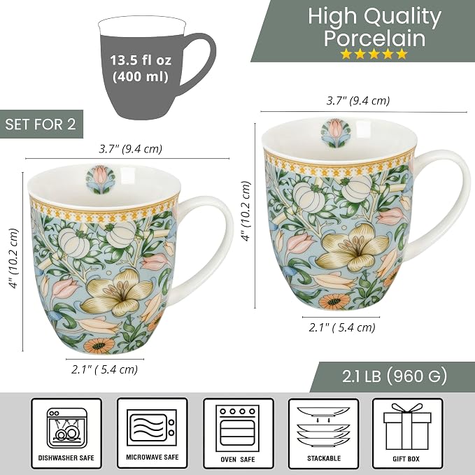 STP GOODS Porcelain Mug 13.5 fl. oz. - Set of 2 in Gift Box Coffee Cup, Gift for Women and Men (Morris Garden) | Coffee Cup, Gift for Women and Men