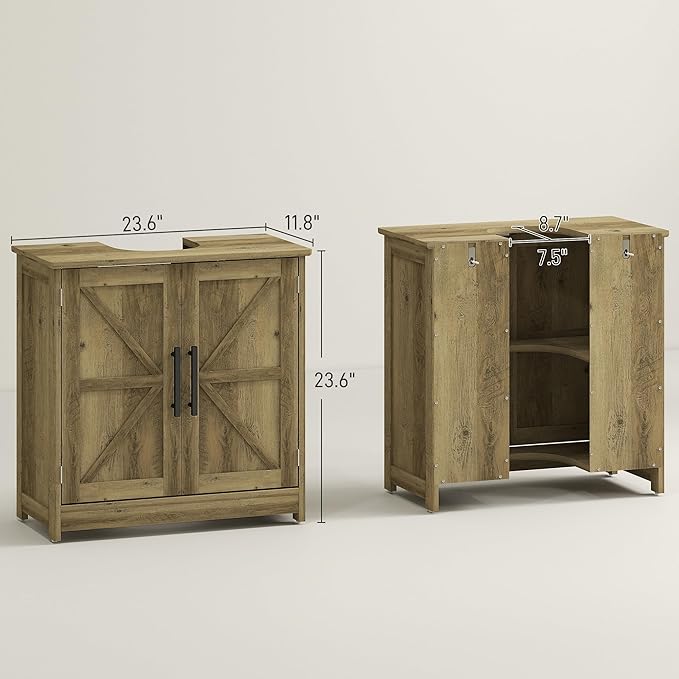 HOMCOM Pedestal Sink Storage Cabinet, Farmhouse Freestanding Bathroom Sink Cabinet with 2 Barn Doors and Adjustable Shelf, Distressed Light Gray