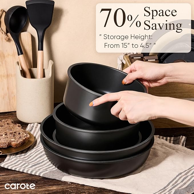 CAROTE 25pcs Pots and Pans Set Non Stick, Cookware Sets, Kitchen Set, Oven/Dishwasher/Fridge Safe, Space Saving Pots Set, Nonstick Set with Versatile Detachable Handle, Induction RV Set, Black