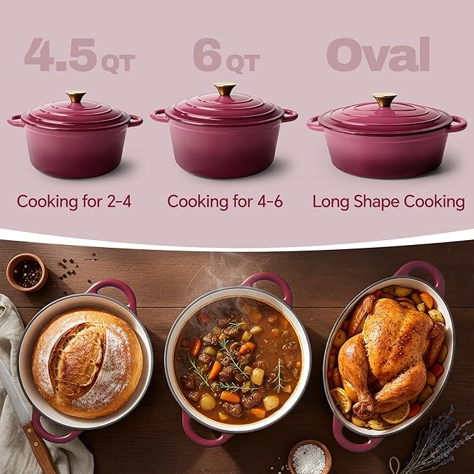 6 Quart Dutch Oven Pot with Lid, Non Stick Enameled Cast Iron Dutch Oven for Bread Baking, Heavy-Duty, Oven Safe Ceramic Cookware Up to 500°F for Baking, Braising, Stews, Roasting, Rose