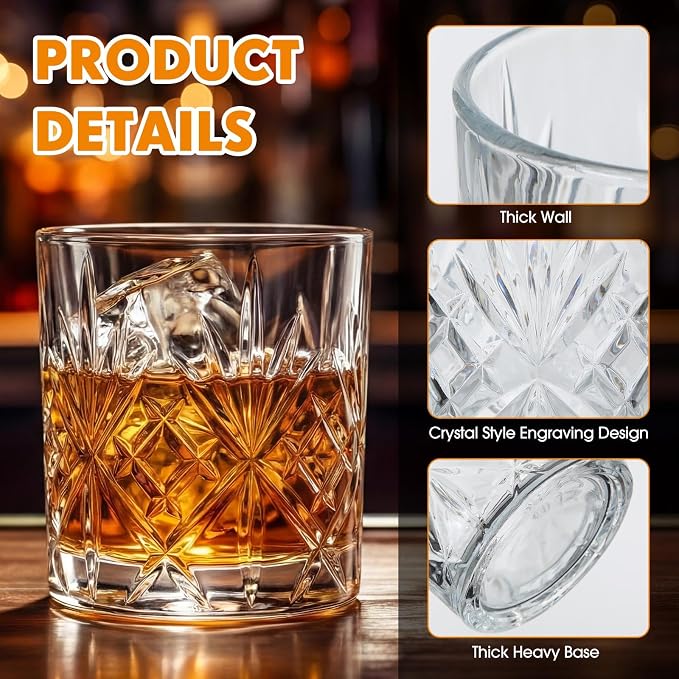 12 Pcs Old Fashioned Whiskey Glasses 12 oz Elegant Crystal Whiskey Glasses Bourbon Cocktail Rocks Glass for Bourbon Scotch Liquor Cocktails Barware Men Gifts