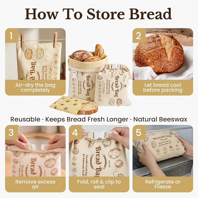 Cotton Beeswax Bread Bags for Sourdough - 3 Pack Reusable 2XL Set with Beeswax Wrap & Buckle Closure, Freezer Safe, Eco-Friendly Organic Storage for Homemade Bread & Artisan Loaves